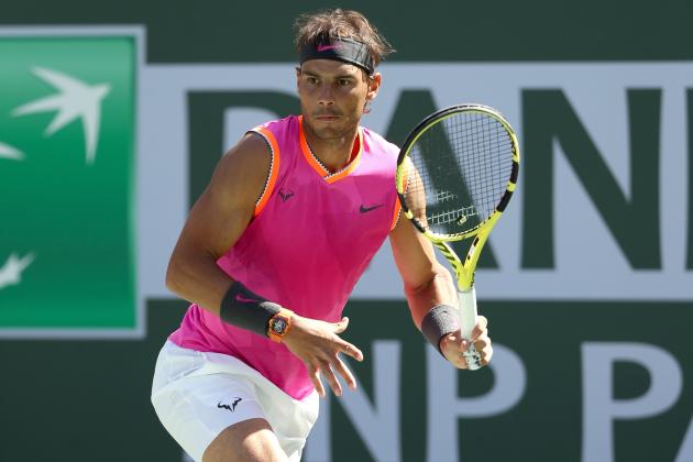 INDIAN WELLS, CALIFORNIA - MARCH 15: Rafael Nadal of Spain plays Karen Khachanov of Russia during the quarterfinals of the BNP Paribas Open at the Indian Wells Tennis Garden on March 15, 2019 in Indian Wells, California. (Photo by Matthew Stockman/Getty Images)