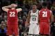 Michigan State's Xavier Tillman (23) reacts during the first half of an NCAA college basketball game against Wisconsin in the semifinals of the Big Ten Conference tournament, Saturday, March 16, 2019, in Chicago. (AP Photo/Nam Y. Huh)