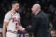 Chicago Bulls guard Zach LaVine talks to coach Jim Boylen during the second half of the team's NBA basketball game against the Brooklyn Nets, Friday, Feb. 8, 2019, in New York. The Bulls won 125-106. (AP Photo/Mary Altaffer)/