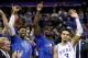 CHARLOTTE, NORTH CAROLINA - MARCH 16: Teammates Zion Williamson #1, RJ Barrett #5, and Tre Jones #3 of the Duke Blue Devils react after defeating the Florida State Seminoles 73-63 in the championship game of the 2019 Men's ACC Basketball Tournament at Spectrum Center on March 16, 2019 in Charlotte, North Carolina. (Photo by Streeter Lecka/Getty Images)