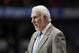 San Antonio Spurs coach Gregg Popovich watches play in the closing minutes of the team's NBA basketball game against the Dallas Mavericks in Dallas, Tuesday, March 12, 2019. (AP Photo/Tony Gutierrez)