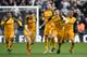 LONDON, ENGLAND - MARCH 17: Brighton celebrate victory after the penalty shoot out during the FA Cup Quarter Final match between Millwall and Brighton and Hove Albion at The Den on March 17, 2019 in London, England. (Photo by Mike Hewitt/Getty Images)