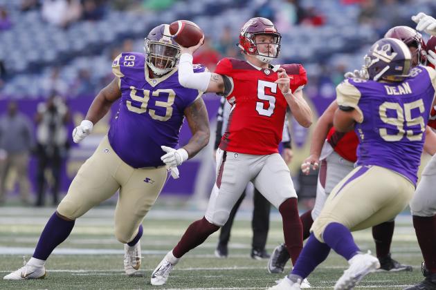 ATLANTA, GEORGIA - MARCH 17: Logan Woodside #5 of the San Antonio Commanders attempts a pass against the Atlanta Legends during the second half in the Alliance of American Football game at Georgia State Stadium on March 17, 2019 in Atlanta, Georgia. (Photo by Kevin C. Cox/AAF/Getty Images)