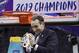 Duke head coach Mike Krzyzewski celebrates Duke's win over Florida State after cutting down a net after the NCAA college basketball championship game of the Atlantic Coast Conference tournament in Charlotte, N.C., Saturday, March 16, 2019. (AP Photo/Nell Redmond)