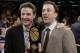 Minnesota coach Richard Pitino, right, stands with his father, Rick Pitino, after Minnesota's 65-63 win over SMU in an NCAA college basketball game in the final of the NIT on Thursday, April 3, 2014, in New York. (AP Photo/Frank Franklin II)