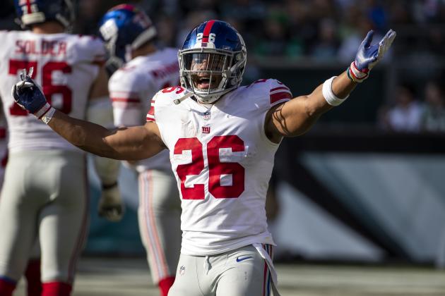 New York Giants running back Saquon Barkley reacts during the first half of the NFL football game, Sunday, Nov. 25, 2018, in Philadelphia. The Eagles won 25-22. (AP Photo/Chris Szagola)