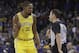 Golden State Warriors forward Kevin Durant (35) talks with referee Brian Forte during the first half of an NBA basketball game between the Warriors and the Phoenix Suns in Oakland, Calif., Sunday, March 10, 2019. (AP Photo/Jeff Chiu)