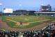 Hartford Yard Goats pitcher Yency Almonte throws the first official pitch at Hartford's new Dunkin' Donuts Park on opening day in Hartford, Conn., Thursday, April 13, 2017. The city and its minor league baseball team are celebrating opening day at the city’s new 6,000-seat stadium, a year late and millions of dollars over budget. (AP Photo/Pat Eaton-Robb)