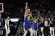 Stephen Curry, guard of the Golden State Warriors (30), celebrates the win after throwing a basket at the end of the first quarter of an NBA basketball game against the San Antonio Spurs in San Antonio on Monday March 18, 2019. (AP Photo / Eric Gay)