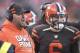 Cleveland Browns offensive coordinator Freddie Kitchens, left, talks with quarterback Baker Mayfield (6) in the fourth quarter of an NFL football game against the Cincinnati Bengals, Sunday, Dec. 23, 2018, in Cleveland. The Browns won 28-16. (AP Photo/David Richard)