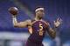 Ohio State quarterback Dwayne Haskins runs a drill at the NFL football scouting combine in Indianapolis, Saturday, March 2, 2019. (AP Photo/Michael Conroy)