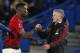 Manchester United's Norwegian caretaker manager Ole Gunnar Solskjaer (R) celebrates their victory with Manchester United's French midfielder Paul Pogba (L) on the pitch after the English FA Cup fifth round football match between Chelsea and Manchester United at Stamford Bridge in London on February 18, 2019. - Manchester United won the game 2-0. (Photo by Ian KINGTON / AFP) / RESTRICTED TO EDITORIAL USE. No use with unauthorized audio, video, data, fixture lists, club/league logos or 'live' services. Online in-match use limited to 120 images. An additional 40 images may be used in extra time. No video emulation. Social media in-match use limited to 120 images. An additional 40 images may be used in extra time. No use in betting publications, games or single club/league/player publications. / (Photo credit should read IAN KINGTON/AFP/Getty Images)