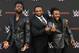 Wrestlers Kofi Kingston (L), Big E (C) and Xavier Woods (R) of 'The New Day' arrive at the first-ever WWE Emmy For Your Consideration event at the TV Academy Saban Media Center, in North Hollywood (near Los Angeles), on June 6, 2018 (Photo by VALERIE MACON / AFP) (Photo credit should read VALERIE MACON/AFP/Getty Images)
