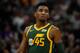 SALT LAKE CITY, UT - MARCH 16: Donovan Mitchell #45 of the Utah Jazz looks on during a game against the Brooklyn Nets at Vivint Smart Home Arena on March 16, 2019 in Salt Lake City, Utah. NOTE TO USER: User expressly acknowledges and agrees that, by downloading and or using this photograph, User is consenting to the terms and conditions of the Getty Images License Agreement. (Photo by Alex Goodlett/Getty Images)