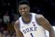 Duke's Zion Williamson (1) flashes a grin after his team made a play against North Carolina State during the second half of an NCAA college basketball game in Durham, N.C., Saturday, Feb. 16, 2019. (AP Photo/Chris Seward)