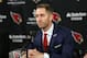 The Arizona Cardinals new head coach Kliff Kingsbury addresses the media, Wednesday, Jan. 9, 2019, in Tempe, Ariz. The Arizona Cardinals introduced Kliff Kingsbury as their new coach a day after hiring the former Texas Tech coach in a bid to revitalize the worst offense in the NFL. (AP Photo/Rick Scuteri)