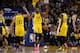 OAKLAND, CA - MARCH 08: Kevin Durant #35 of the Golden State Warriors celebrates after a play with teammates Stephen Curry #30 and Draymond Green #23 after a play against the Denver Nuggets at ORACLE Arena on March 8, 2019 in Oakland, California. NOTE TO USER: User expressly acknowledges and agrees that, by downloading and or using this photograph, User is consenting to the terms and conditions of the Getty Images License Agreement. (Photo by Lachlan Cunningham/Getty Images)