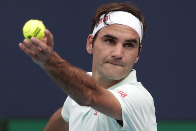 Roger Federer, of Switzerland, serves to Filip Krajinovic, of Serbia, during the Miami Open tennis tournament, Monday, March 25, 2019, in Miami Gardens, Fla. (AP Photo/Lynne Sladky)