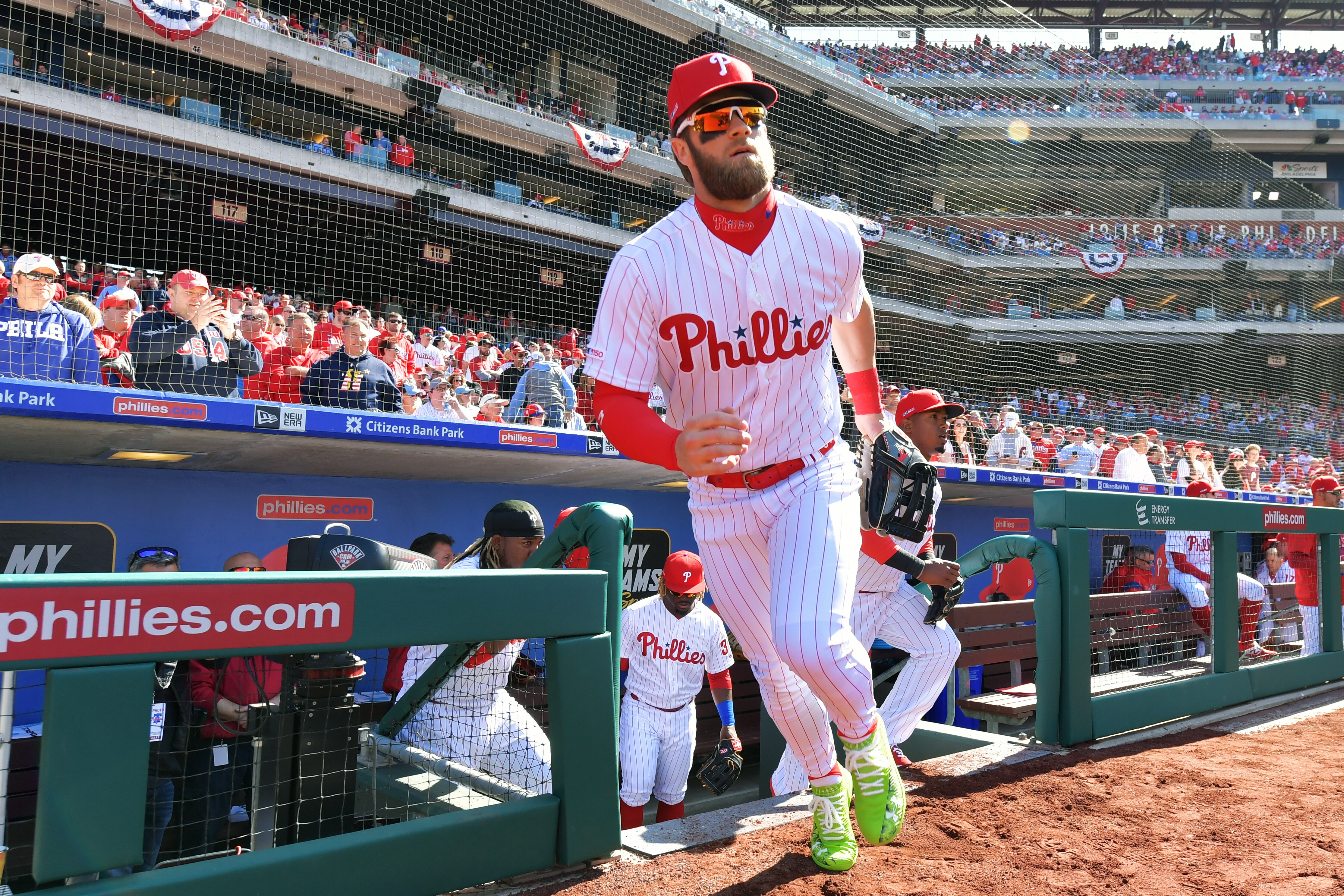 PHILADELPHIA, PA - MARCH 28: Bryce Harper #3 of the Philadelphia Phillies runs onto the field before the game against the Atlanta Braves on Opening Day at Citizens Bank Park on March 28, 2019 in Philadelphia, Pennsylvania. (Photo by Drew Hallowell/Getty Images)