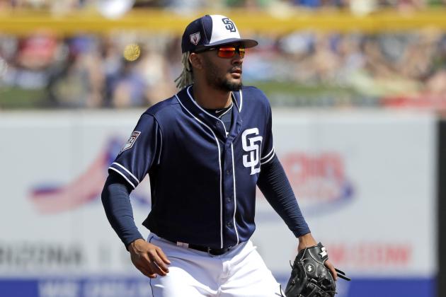San Diego Padres shortstop Fernando Tatis Jr. stands on the field during a spring training baseball game Sunday, March 24, 2019, in Peoria, Ariz. (AP Photo/Elaine Thompson)