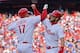 PHILADELPHIA, PA - MARCH 28: Rhys Hoskins #17 and Bryce Harper #3 of the Philadelphia Phillies celebrate Hoskins grand slam in the seventh inning against the Atlanta Braves on Opening Day at Citizens Bank Park on March 28, 2019 in Philadelphia, Pennsylvania. (Photo by Drew Hallowell/Getty Images)