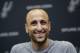 Former San Antonio Spurs guard Manu Ginobili talks to the media at the NBA basketball team's practice facility, Saturday, Sept. 15, 2018, in San Antonio. Ginobili recently retired at age 41 after 16 seasons with the Spurs and helping them win four NBA championships. (AP Photo/Eric Gay)