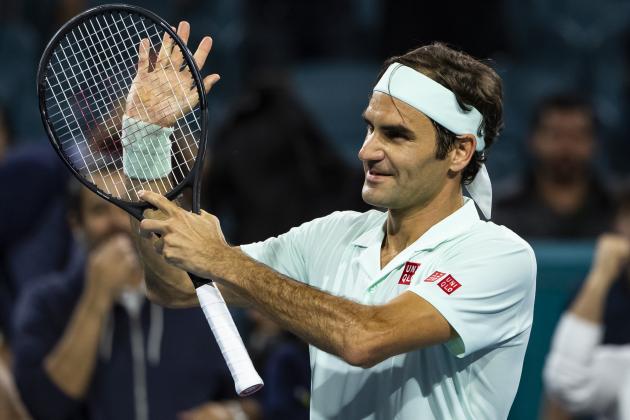 MIAMI GARDENS, FLORIDA - MARCH 28: Roger Federer of Switzerland celebrates after his victory over Kevin Anderson of South Africa in the quarter finals of the men's singles at the Hard Rock Stadium on March 28, 2019 in Miami Gardens, Florida. (Photo by TPN/Getty Images)