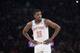New York Knicks guard Frank Ntilikina during a pause in action during the first half of an NBA basketball game against the Denver Nuggets, Friday, March 22, 2019, at Madison Square Garden in New York. (AP Photo/Mary Altaffer)