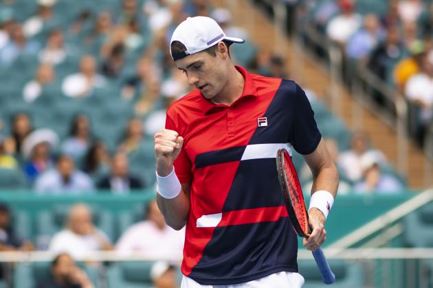 MIAMI GARDENS, FLORIDA - MARCH 29: John Isner of The United States celebrates during his match against Felix Auger-Aliassime of Canada in the semi final of the men's singles at the Miami Open at the Hard Rock Stadium on March 29, 2019 in Miami Gardens, Florida. (Photo by TPN/Getty Images)