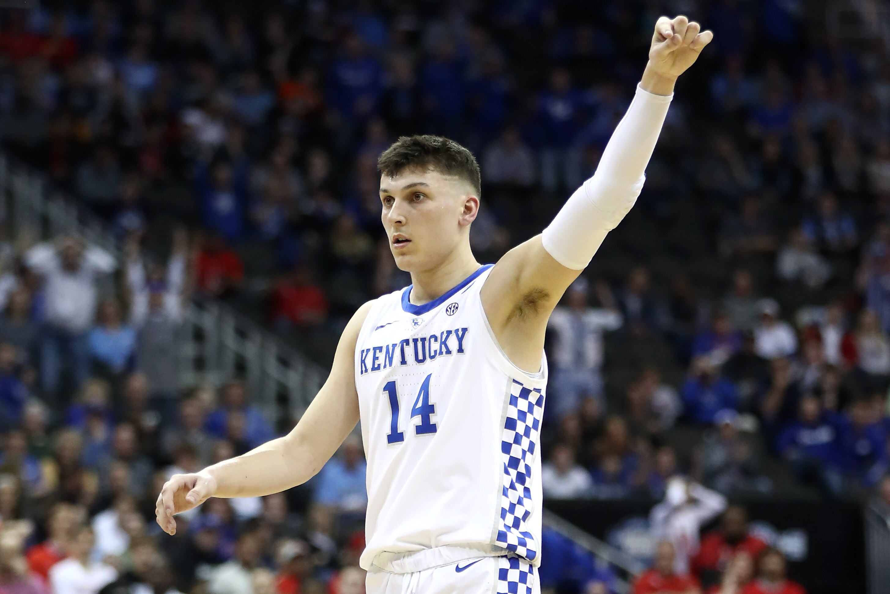 KANSAS CITY, MISSOURI - MARCH 29: Tyler Herro #14 of the Kentucky Wildcats reacts against the Houston Cougars during the 2019 NCAA Basketball Tournament Midwest Regional at Sprint Center on March 29, 2019 in Kansas City, Missouri. (Photo by Jamie Squire/Getty Images)