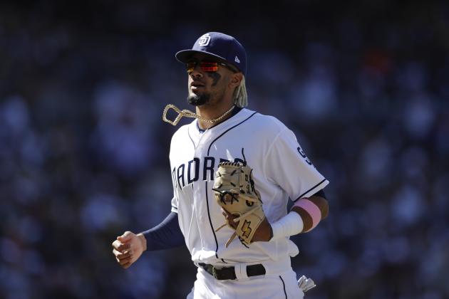 San Diego Padres shortstop Fernando Tatis Jr. during the eighth inning of a baseball game against the San Francisco Giants, Thursday, March 28, 2019, in San Diego. (AP Photo/Gregory Bull)
