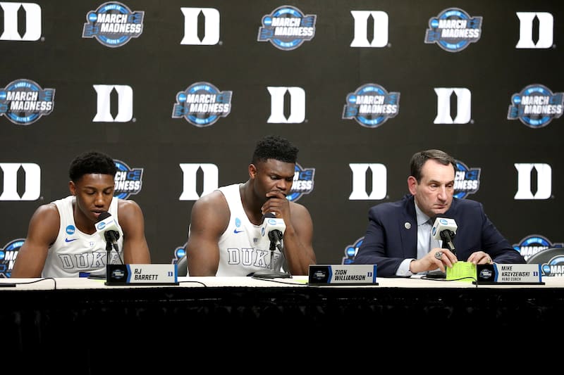 WASHINGTON, DC - MARCH 31: RJ Barrett #5 and Zion Williamson #1 and head coach Mike Krzyzewski of the Duke Blue Devils speak to the media after their teams 68-67 loss to the Michigan State Spartans in the East Regional game of the 2019 NCAA Men's Basketball Tournament at Capital One Arena on March 31, 2019 in Washington, DC. (Photo by Patrick Smith/Getty Images)