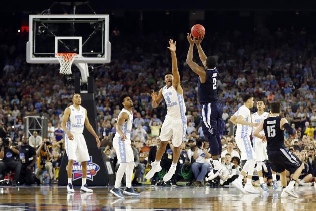 FILE - In this April 4, 2016 file photo, Villanova's Kris Jenkins makes the game-winning three-point shot during the second half of the NCAA Final Four tournament college basketball championship game against North Carolina, in Houston. Jenkins and Villanova officials said Tuesday, May 3, 2016, that Jenkins has withdrawn his name from NBA draft consideration. Jenkins says in a tweet that it was a good experience to go through the process but he's looking forward to graduating next year