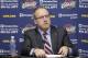 Cleveland Cavaliers general manager David Griffin answers questions during a news conference Tuesday, May 13, 2014, in Independence, Ohio. The Cavaliers fired coach Mike Brown for the second time. The Cavs went 33-49 this season under Brown, who was first dismissed by owner Dan Gilbert following the 2010 season. (AP Photo)