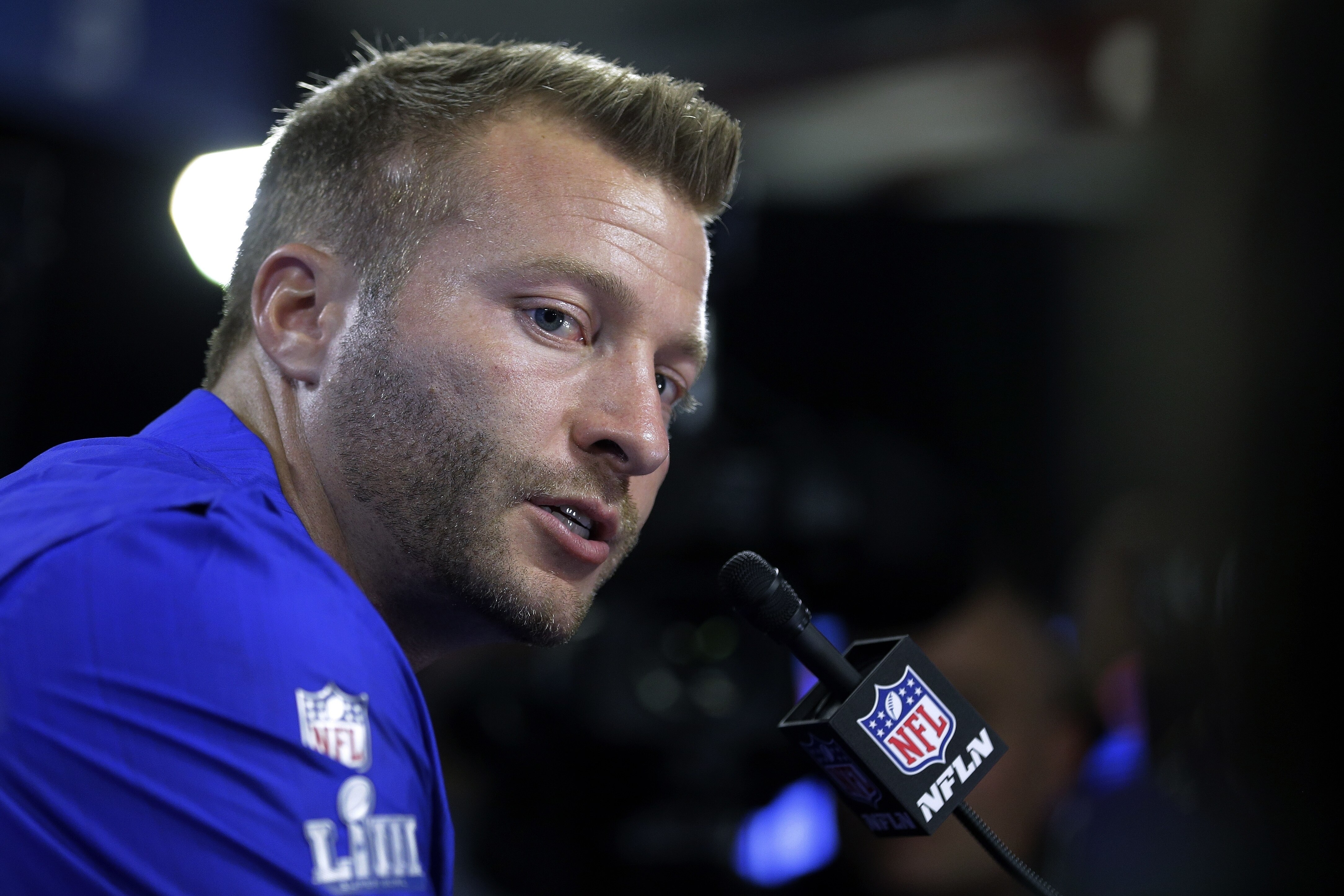 Los Angeles Rams head coach Sean McVay speaks to the media after the NFL Super Bowl 53 football game against the New England Patriots, Sunday, Feb. 3, 2019, in Atlanta. The Patriots won 13-3. (AP Photo/Chuck Burton)