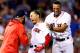 BOSTON, MA - AUGUST 16: Mookie Betts #50 of the Boston Red Sox celebrates with David Price #24 and Xander Bogaerts #2 after hitting a go ahead two run double to defeat the St. Louis Cardinals 5-4 at Fenway Park on August 16, 2017 in Boston, Massachusetts. (Photo by Maddie Meyer/Getty Images)