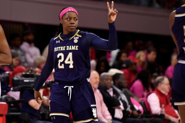 RALEIGH, NC - FEBRUARY 18: Arike Ogunbowale #24 of the Notre Dame Fighting Irish signals a teammate against the North Carolina State Wolfpack at Reynolds Coliseum on February 18, 2019 in Raleigh, North Carolina. Notre Dame won 95-72. (Photo by Lance King/Getty Images)