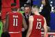 MINNEAPOLIS, MINNESOTA - APRIL 06: Head coach Chris Beard of the Texas Tech Red Raiders reacts with Tariq Owens #11 and Matt Mooney #13 in the first half against the Michigan State Spartans during the 2019 NCAA Final Four semifinal at U.S. Bank Stadium on April 6, 2019 in Minneapolis, Minnesota. (Photo by Hannah Foslien/Getty Images)