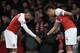 LONDON, ENGLAND - APRIL 01: Alexandre Lacazette of Arsenal celebrates scoring their 2nd goal with Pierre-Emerick Aubameyang during the Premier League match between Arsenal FC and Newcastle United at Emirates Stadium on April 1, 2019 in London, United Kingdom. (Photo by Marc Atkins/Getty Images)