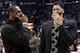 Los Angeles Lakers forward LeBron James (23) and New Orleans Pelicans forward Anthony Davis (23) after an NBA basketball game in New Orleans, Sunday, March 31, 2019. The Lakers won 130-102. (AP Photo/Tyler Kaufman)