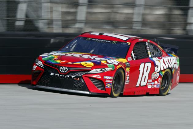 Driver Kyle Busch (18) makes his way down the back stretch during practice for a NASCAR Cup Series auto race, Saturday, April 6, 2019, in Bristol, Tenn. (AP Photo/Wade Payne)
