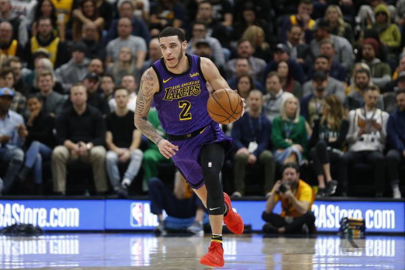 Los Angeles Lakers guard Lonzo Ball (2) brings the ball up court during the first half of an NBA basketball game against the Utah Jazz Friday, Jan. 11, 2019, in Salt Lake City. (AP Photo/Rick Bowmer)