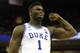 COLUMBIA, SOUTH CAROLINA - MARCH 22: Zion Williamson #1 of the Duke Blue Devils reacts after scoring a basket and drawing a foul against the North Dakota State Bison in the second half during the first round of the 2019 NCAA Men's Basketball Tournament at Colonial Life Arena on March 22, 2019 in Columbia, South Carolina. (Photo by Kevin C. Cox/Getty Images)