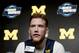 Michigan forward Ignas Brazdeikis speaks during a news conference at the NCAA men's college basketball tournament in Anaheim, Calif., Wednesday, March 27, 2019. Michigan plays Texas Tech in a West Regional semifinal on Thursday.(AP Photo/Chris Carlson)