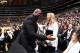 LOS ANGELES, CA - MARCH 11: Magic Johnson and Jeanie Buss exchange a hug during the game between the Los Angeles Lakers and Cleveland Cavaliers on March 11, 2018 at STAPLES Center in Los Angeles, California. NOTE TO USER: User expressly acknowledges and agrees that, by downloading and/or using this Photograph, user is consenting to the terms and conditions of the Getty Images License Agreement. Mandatory Copyright Notice: Copyright 2018 NBAE (Photo by Andrew D. Bernstein/NBAE via Getty Images)