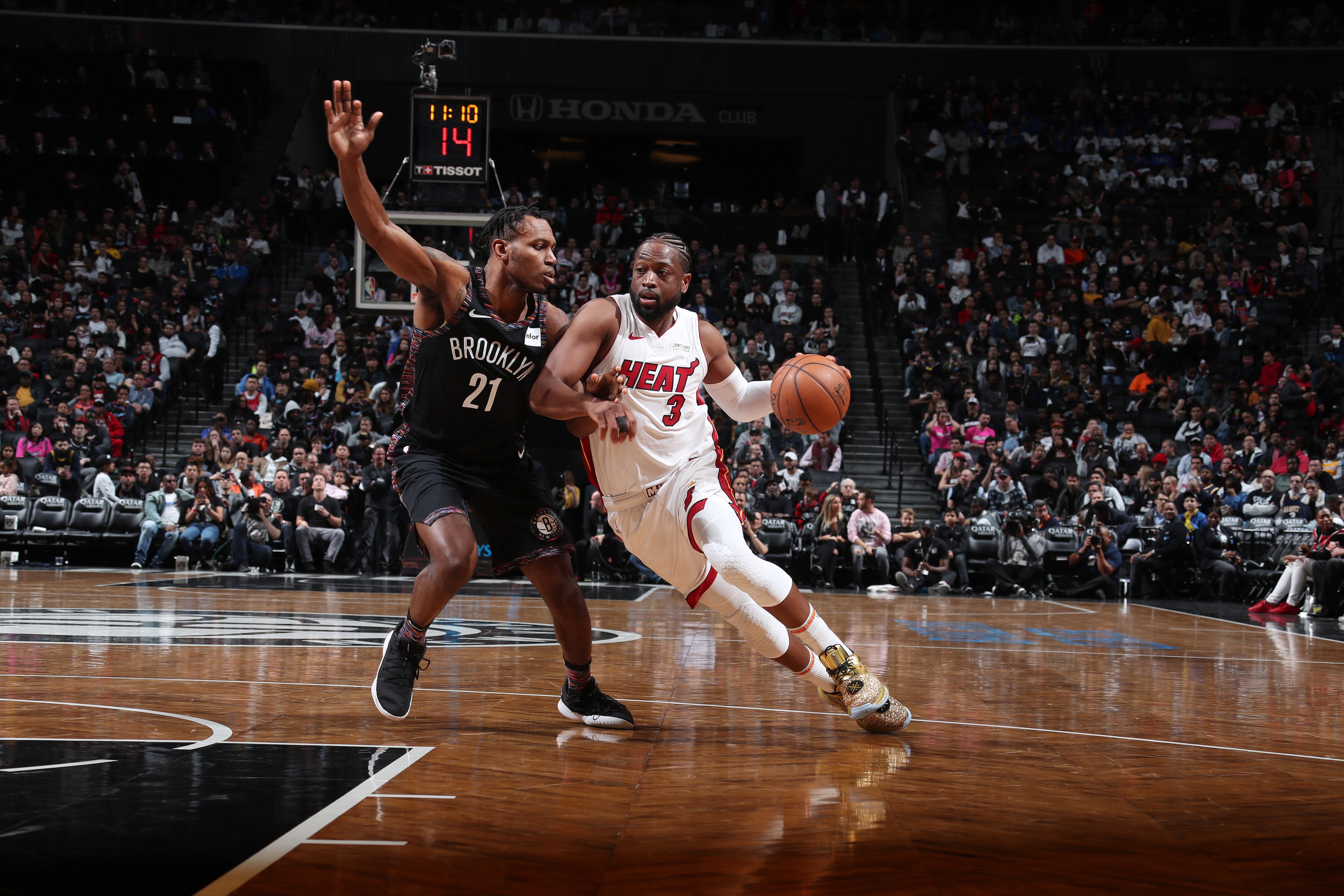 BROOKLYN, NY - APRIL 10: Dwyane Wade #3 of the Miami Heat handles the ball against the Brooklyn Nets  on April 10, 2019 at Barclays Center in Brooklyn, New York. NOTE TO USER: User expressly acknowledges and agrees that, by downloading and or using this Photograph, user is consenting to the terms and conditions of the Getty Images License Agreement. Mandatory Copyright Notice: Copyright 2019 NBAE (Photo by Nathaniel S. Butler/NBAE via Getty Images)
