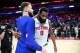 DETROIT, MI - APRIL 9: Blake Griffin #23 and Andre Drummond #0 of the Detroit Pistons hug after the game against the Memphis Grizzlies on April 9, 2019 at Little Caesars Arena in Detroit, Michigan. NOTE TO USER: User expressly acknowledges and agrees that, by downloading and/or using this photograph, User is consenting to the terms and conditions of the Getty Images License Agreement. Mandatory Copyright Notice: Copyright 2019 NBAE (Photo by Chris Schwegler/NBAE via Getty Images)