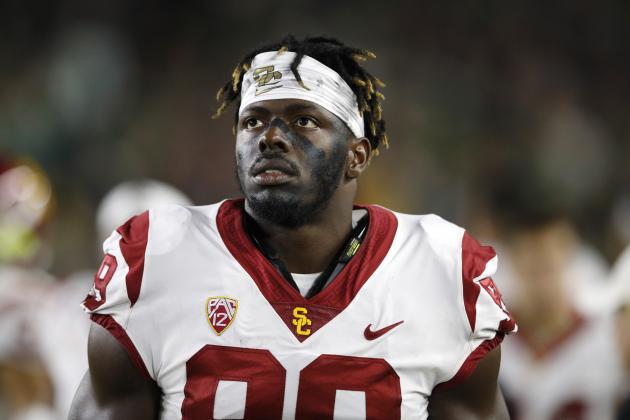 SOUTH BEND, IN - OCTOBER 21: Oluwole Betiku Jr. #99 of the USC Trojans looks on during a game against the Notre Dame Fighting Irish at Notre Dame Stadium on October 21, 2017 in South Bend, Indiana. Notre Dame won 49-14. (Photo by Joe Robbins/Getty Images)