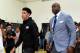 LOS ANGELES, CA - JUNE 23: Lonzo Ball looks on and Magic Johnson, president of basketball operations of the Los Angeles Lakers arrive for a press conference on June 23, 2017 at the team training faculity in Los Angeles, California. (Photo by Jayne Kamin-Oncea/Getty Images)