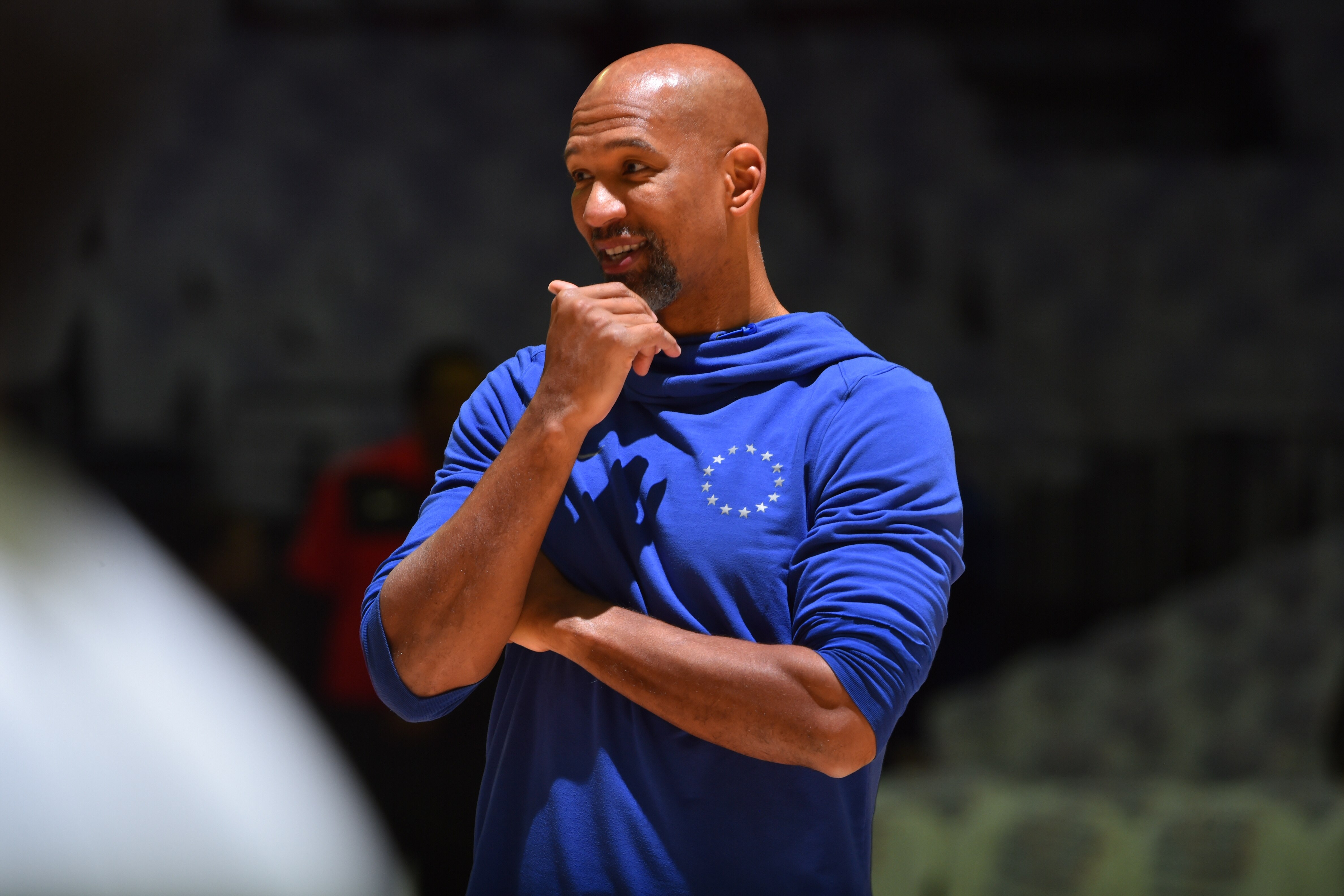 PHILADELPHIA, PA - OCTOBER 18: Monty Williams of the Philadelphia 76ers looks on before the game against the Chicago Bulls on October 18, 2018 at the Wells Fargo Center in Philadelphia, Pennsylvania NOTE TO USER: User expressly acknowledges and agrees that, by downloading and/or using this Photograph, user is consenting to the terms and conditions of the Getty Images License Agreement. Mandatory Copyright Notice: Copyright 2018 NBAE (Photo by Jesse D. Garrabrant/NBAE via Getty Images)
